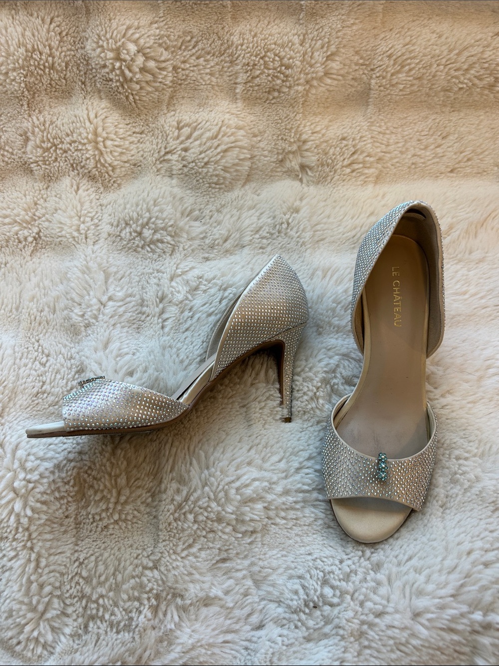 le chateau Cinderella Gemstone D'Orsay Open-Toe Heels with Flower Clip Appliqués